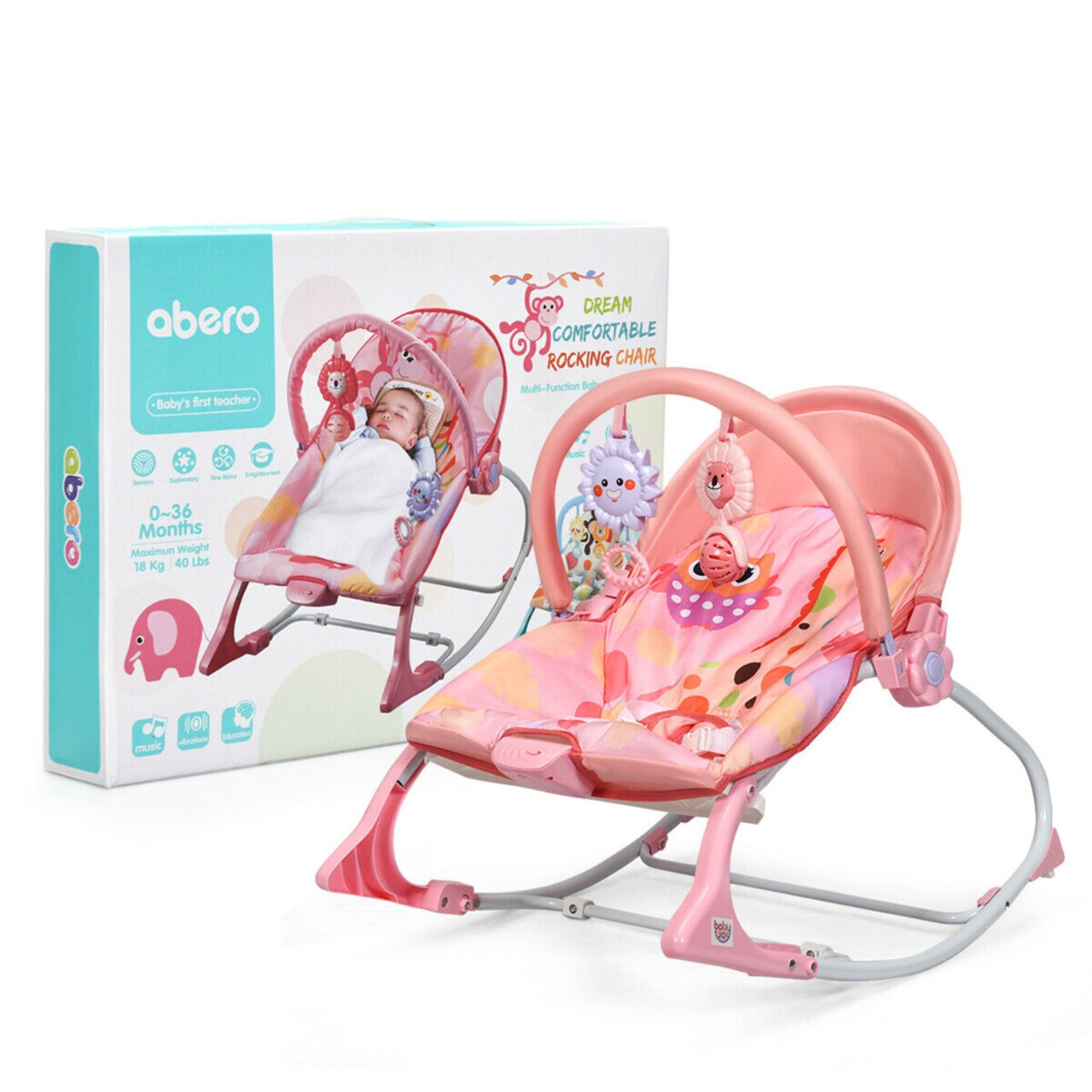 Adjustable Infant Rocker Bouncer Baby Rocking Chair Toddler W/ Awning Pink